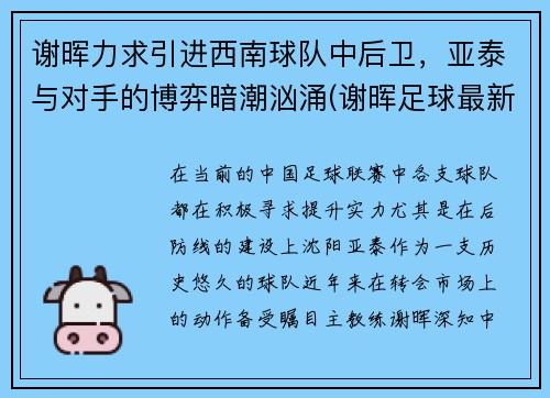 谢晖力求引进西南球队中后卫，亚泰与对手的博弈暗潮汹涌(谢晖足球最新消息)