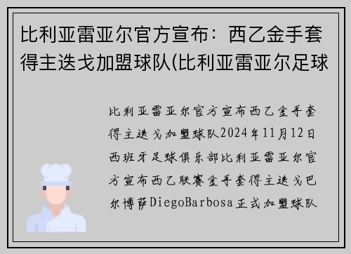 比利亚雷亚尔官方宣布：西乙金手套得主迭戈加盟球队(比利亚雷亚尔足球)