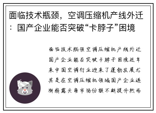 面临技术瓶颈，空调压缩机产线外迁：国产企业能否突破“卡脖子”困境？