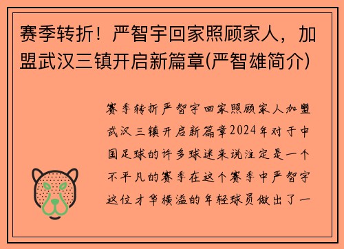 赛季转折！严智宇回家照顾家人，加盟武汉三镇开启新篇章(严智雄简介)