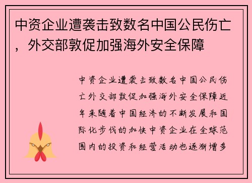 中资企业遭袭击致数名中国公民伤亡，外交部敦促加强海外安全保障