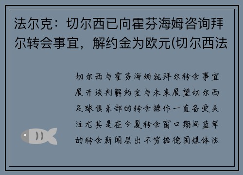 法尔克：切尔西已向霍芬海姆咨询拜尔转会事宜，解约金为欧元(切尔西法国球星)